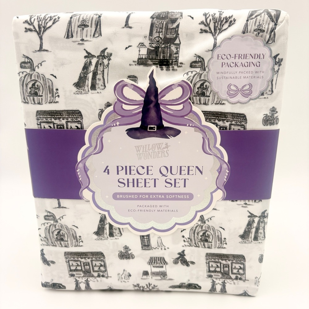 Willow Wonders Halloween Queen Sheet Set 4pc Witches Haunted House White Purple